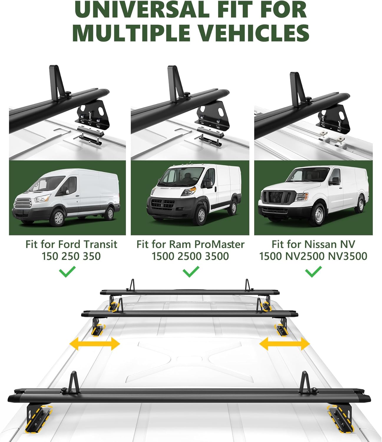Aluminum Van Roof Rack Fit for Ford Transit, Ram ProMaster, Nissan NV, 800LBS Cargo Van Ladder Rack w/Ladder Guides, 3 Bars 63", Black