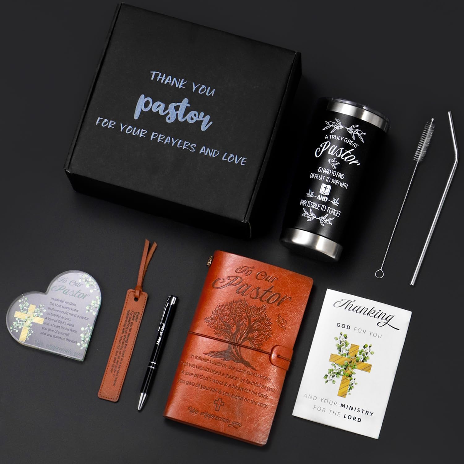 Pastor Gifts, Pastors Appreciation Gifts 7pcs Set For Men, 20oz Tumbler Leather Journal Cards Signs Pen Bookmark for Christian Christmas Birthday Retirement Anniversary