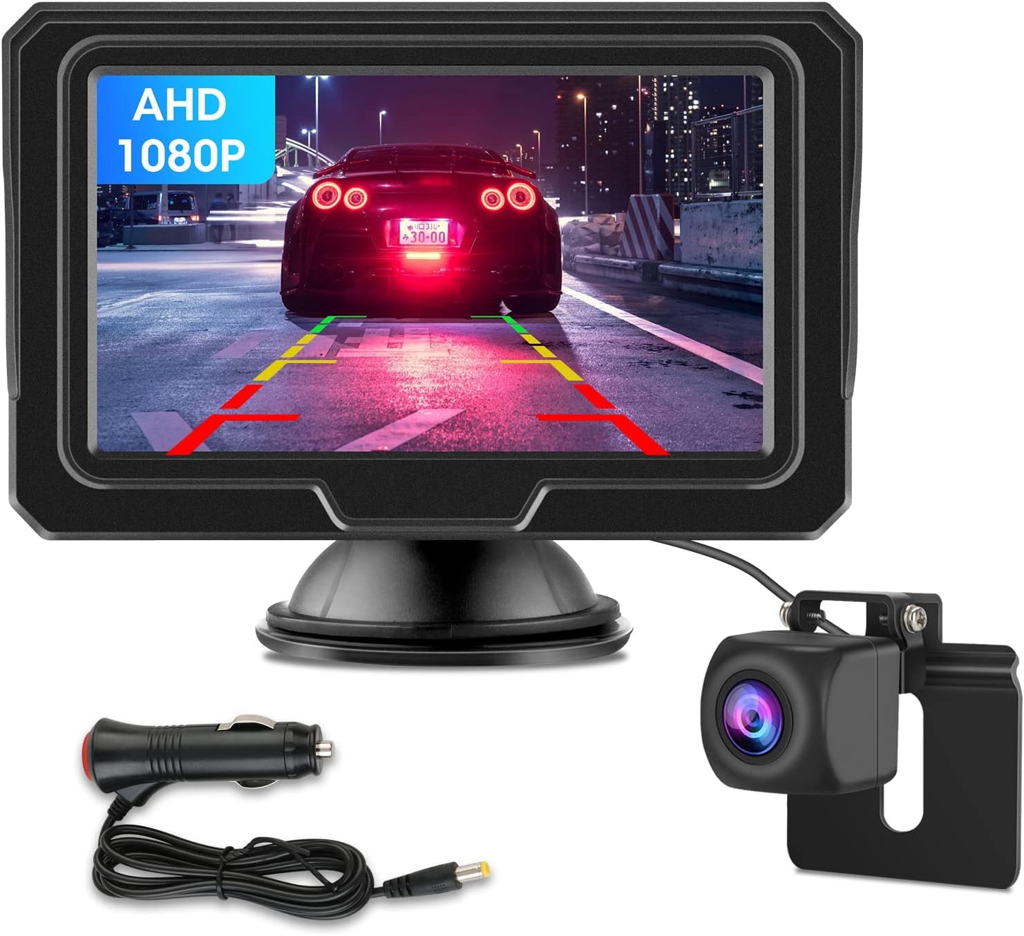 AHD 1080P Camara Marcha Atras Coche y Kit de Monitorización LCD de 4.3 '' Cámara Coche con Dos Opciones de Alimentación Visión Nocturna Superior IP68 Resistente Al Agua Fácil de Instalar