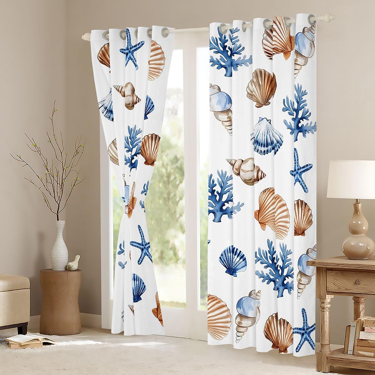 Homemissing Tende oscuranti per camera da letto e soggiorno, motivo: conchiglie e stelle marine costiere, tende oscuranti per camera da letto e soggiorno, tende oscuranti a tema spiaggia, 2 pannelli