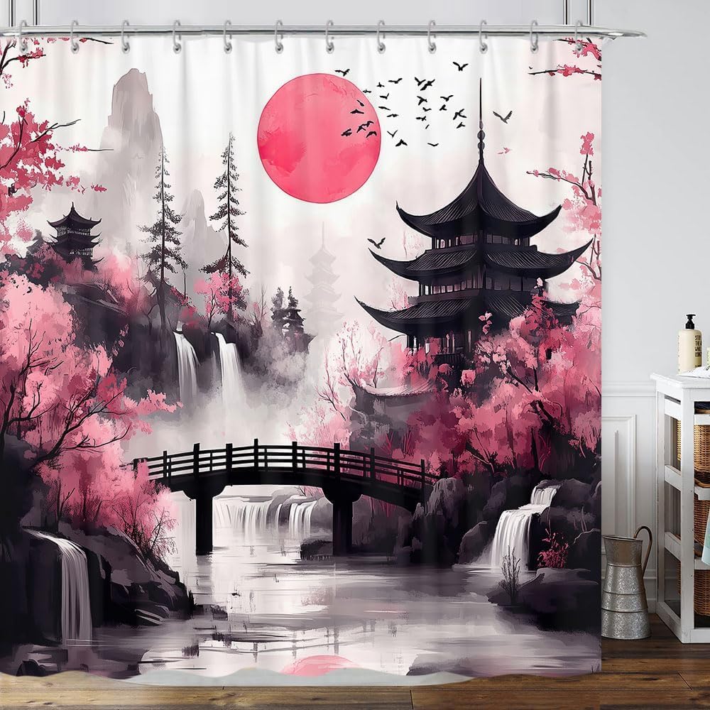 GOAOK Japanese Anime Shower Curtain, Cool Watercolor Japan Cherry Blossom Floral Mountain Sun Asian Oriental Abstract Ink Art Shower Curtain Black and Pink Bathroom Decorative with 12 Hooks, 72"×84"