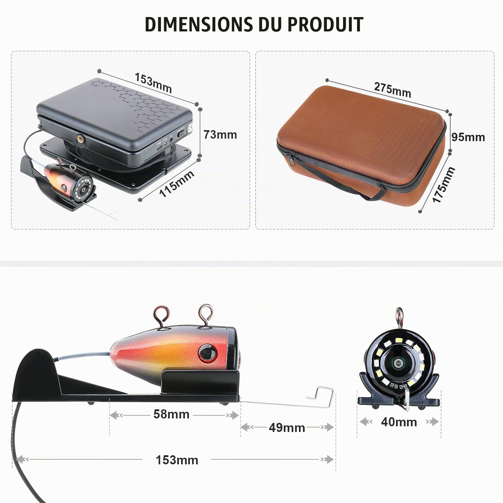Portable Caméra de Pêche, 5" Camera sous Marine Peche Étanche 12pcs LED 1000TVL HD Fish Finder pour la pêche sur Glace, lac et Bateau