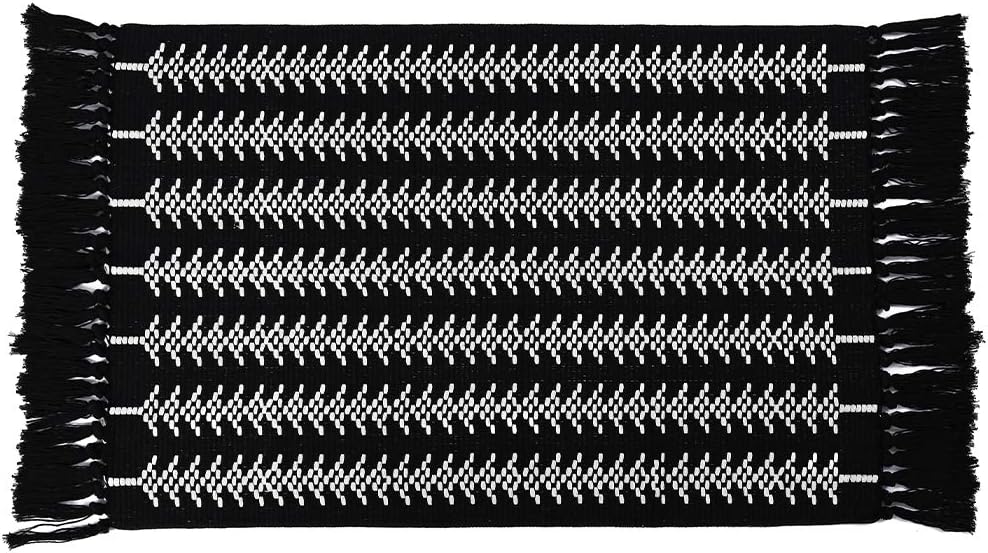 idee-home Black Small Boho Rug, Boho Bathroom Rug, Patterned Bath Mat, Woven Black Striped Rug for Bedroom Living Room, Sink Kitchen Boho Rug with Tassel 2'x4.3'