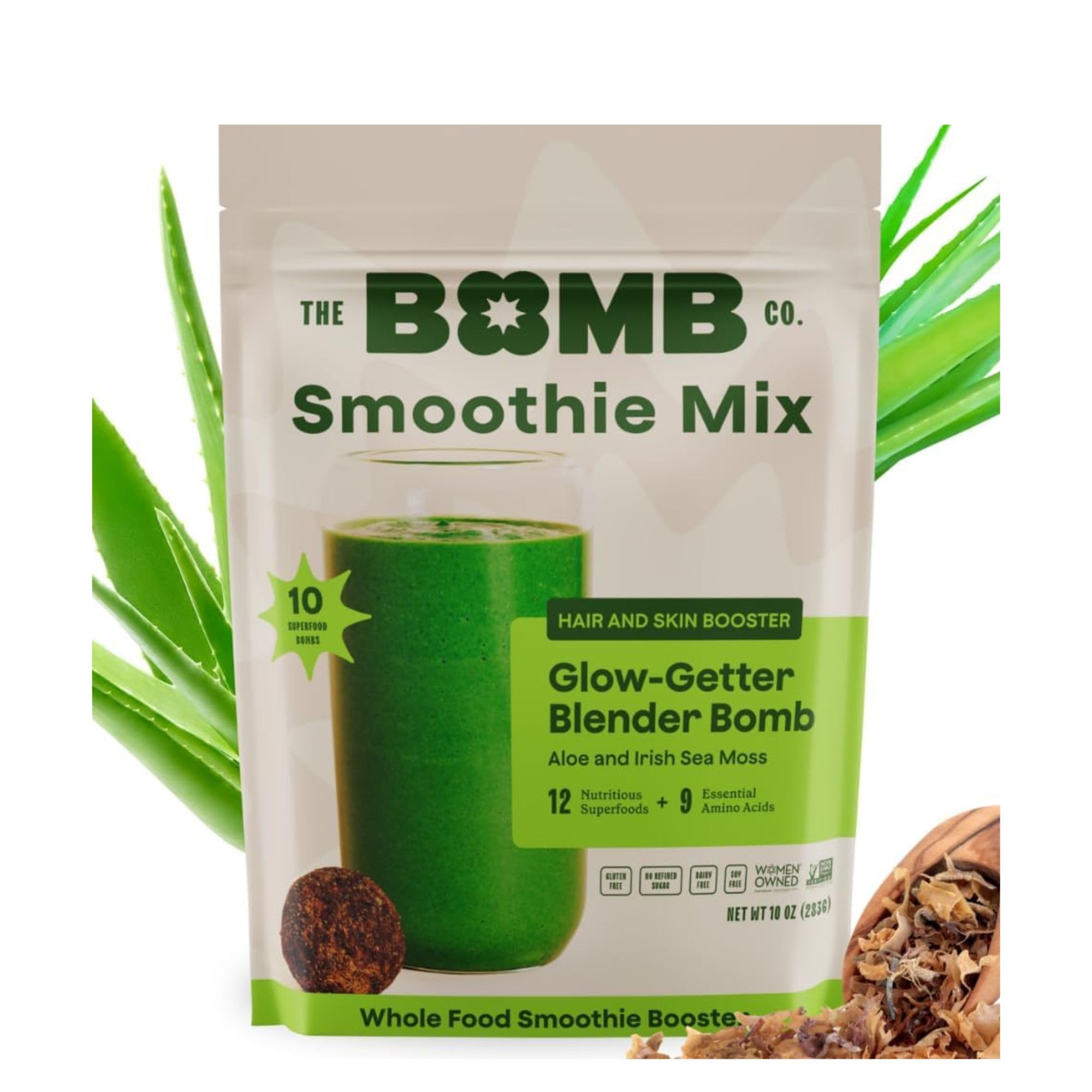 The Bomb Co. Blender Bomb, Glow Getter, Superfood Smoothie Supplement, Smoothie Mix with Flax, Hemp, Irish Sea Moss, & Amino Acids for Hair & Skin Support, Gluten Free, High Fiber, 10 Servings