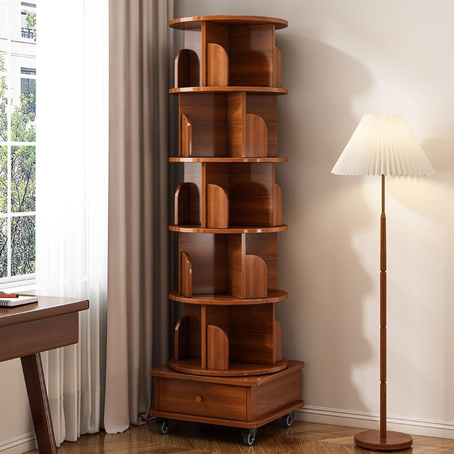 HRVEOCEI Mid-Century 6-Tier Spinning Bookshelf with Storage Drawer & Wheels, 360 Rotating Wooden Bookcase for Bedroom, Living Room, Study