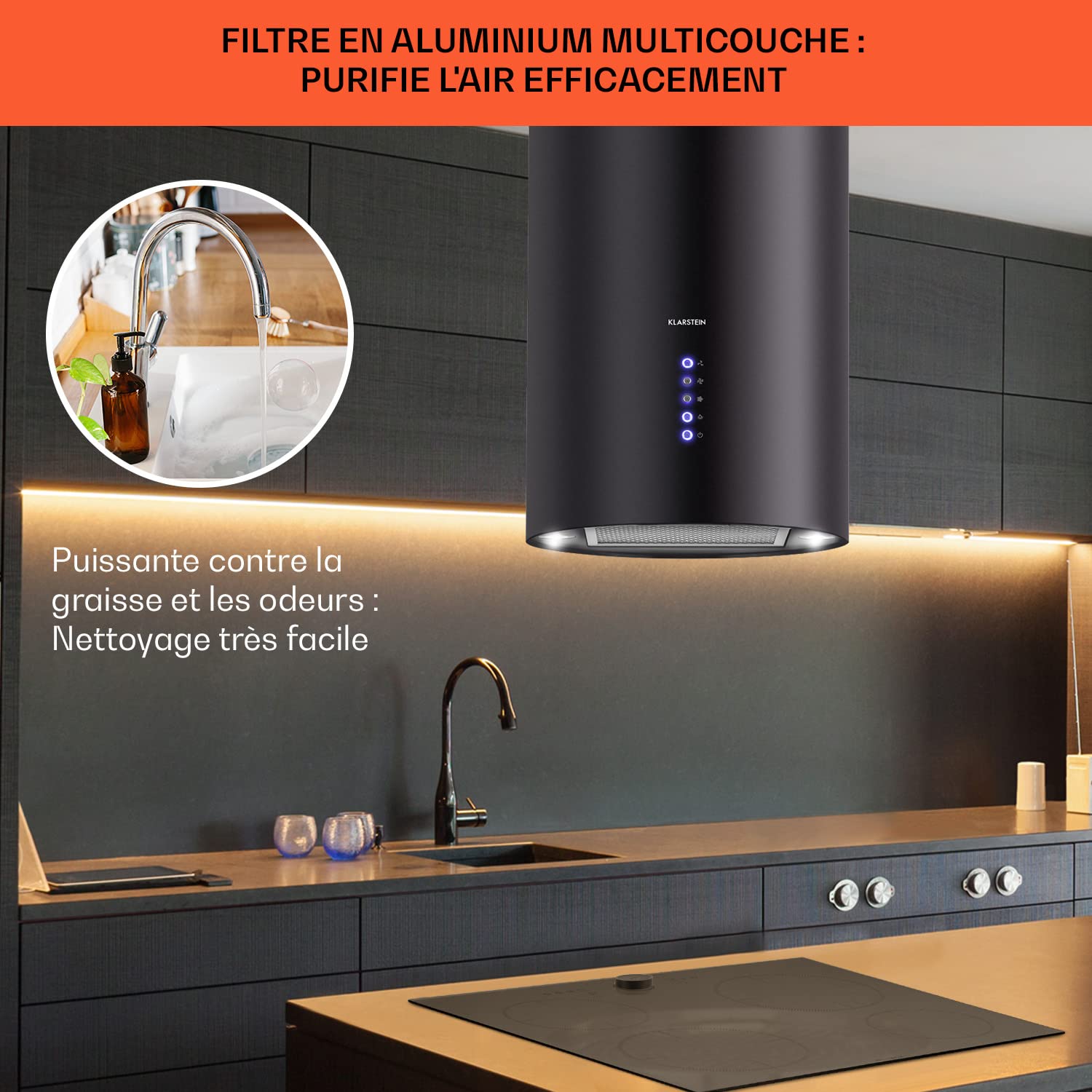 Klarstein Hotte Aspirante Ilot Central de Cuisine Silencieuse et Design, Débit d'air 519m³/h, Minuteur, 3 Modes, Hotte Aspirante avec Conduit d'Evacuation, Filtres à Charbon Actif, Ilot Central