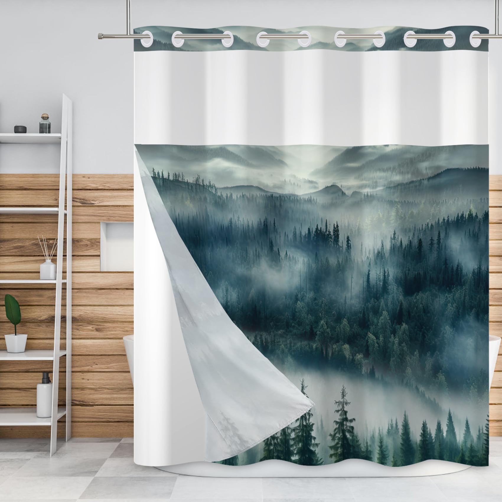 Baocicco No Hook Pine Forest Shower Curtain with Snap-in Fabric Liner Set for Bathroom Misty Mountain Double Layer Bathtubs Hotel Curtain Waterproof Hotel Shower Curtain and Liner Set 71x74 Inch