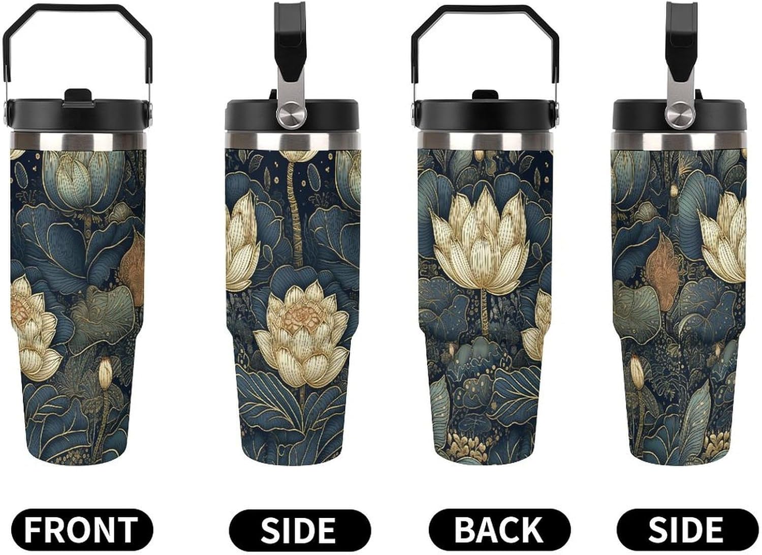 30oz Insulated Tumblers with Top Handle, Stainless Steel Intricate Flowers Car Cup with Straw for Gift, Leak-Proof Double Wall Vacuum Travel Mug, Personalized Water Bottles Black