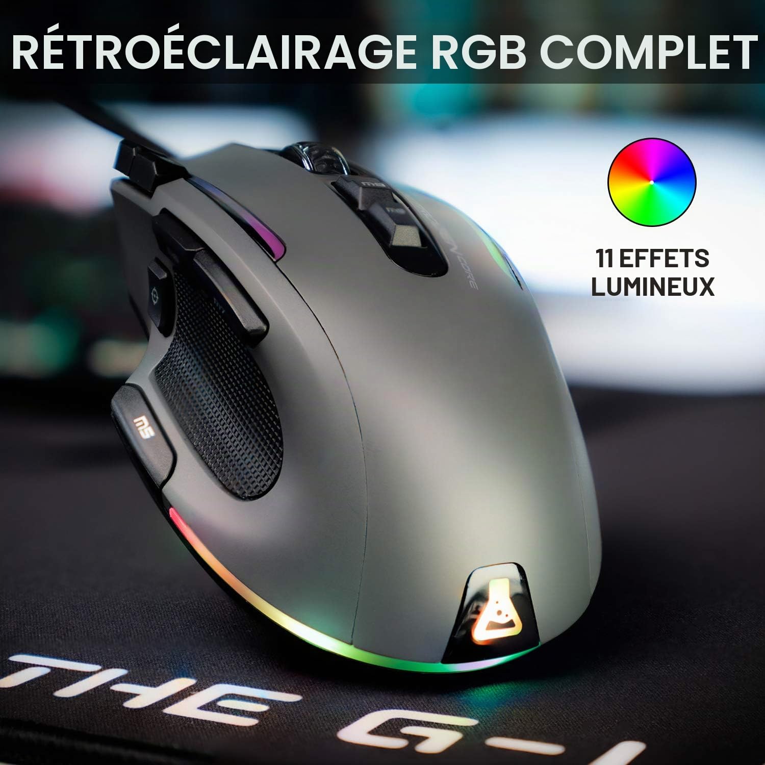 The G-Lab Kult Nitrogen Core Souris Gamer Filaire Haute Performance - Capteur Optique Avago 10 000 DPI, RGB & K-Stand Radon Support pour Casque/Micro-Casque GAMING - Rétro-éclairage RGB, Hub USB 2x2.0