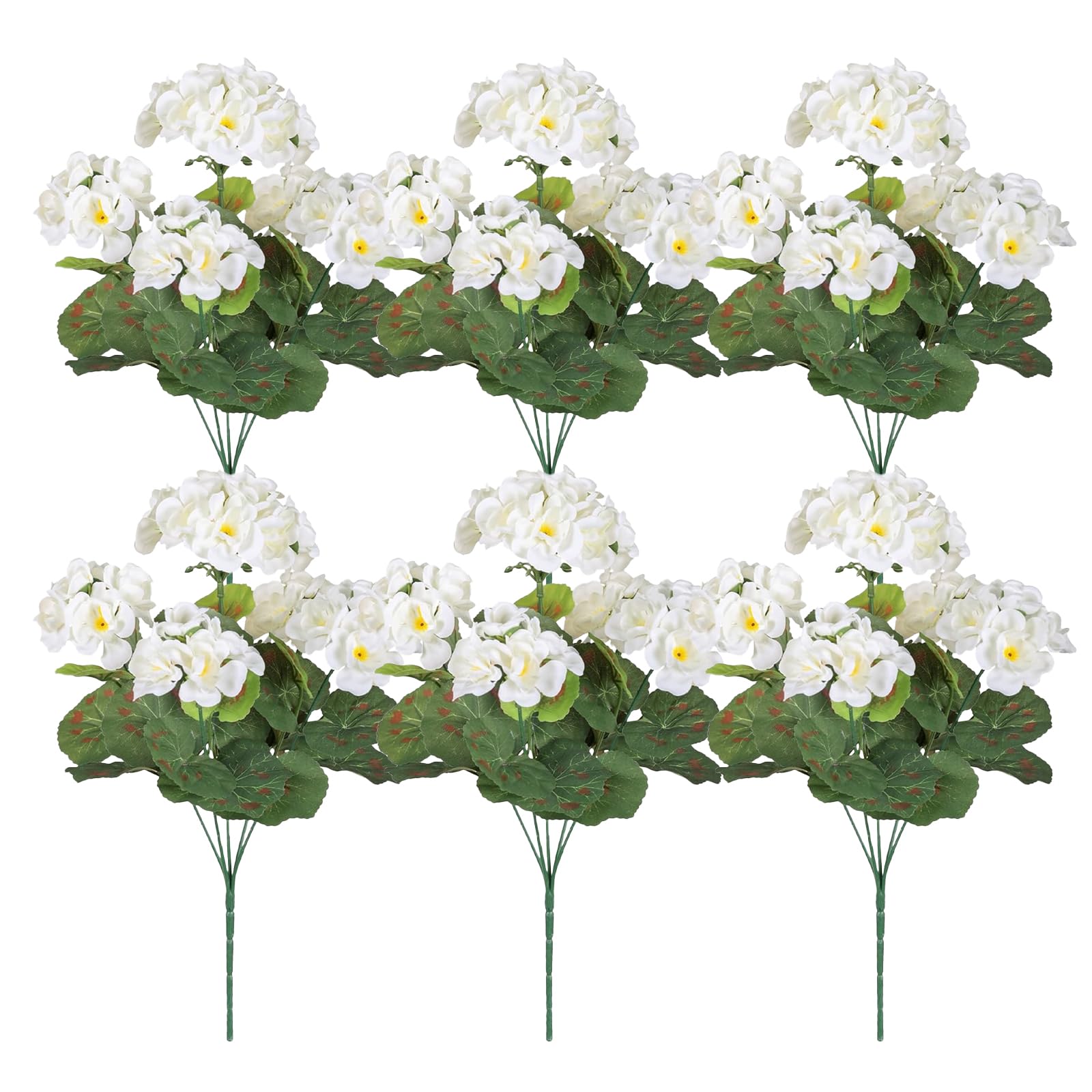 6 Bundles Artificial Geraniums Fake Flowers for Outdoors - UV Resistant Geranium White Fake Flower - Look Real Vibrant Faux Plants - Outdoor Planters Front Porch Window Boxes Patio Garden Decor