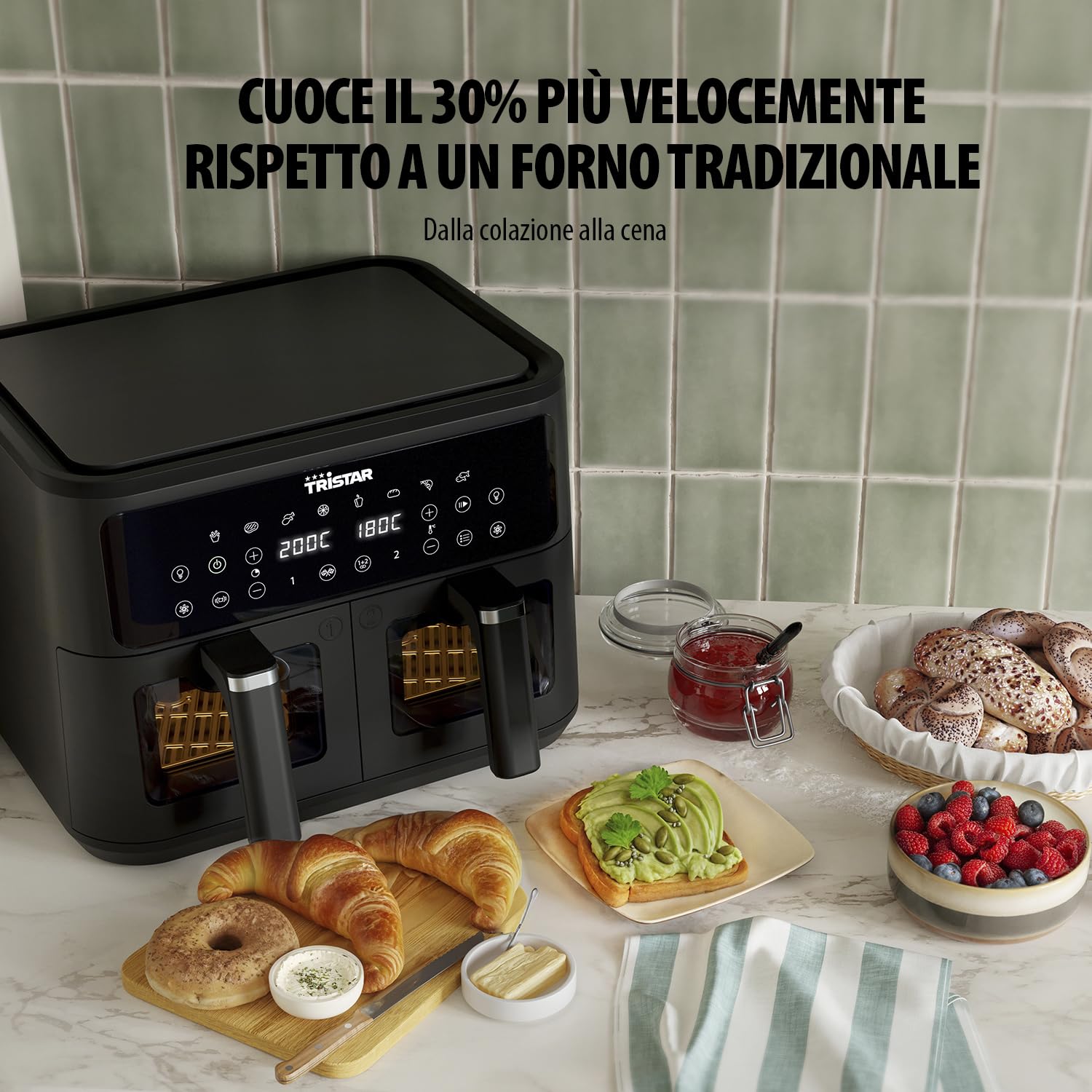 Tristar Friggitrice ad Aria Doppio Cestello, 9 L, 10 Programmi, Display Digitale, Finestre di Controllo, Senza PFAS, Cottura Sana Senza Olio, 2500 W, FR-9429