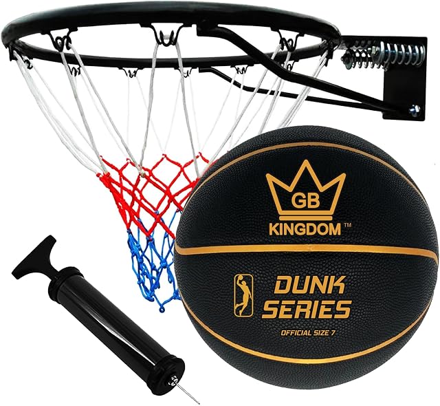Kingdom GB Basketball Hoop Rim and Net with Ball & Pump Set Heavy Duty Spring Loaded METAL Ring Official Size Wall Mounted Fixings