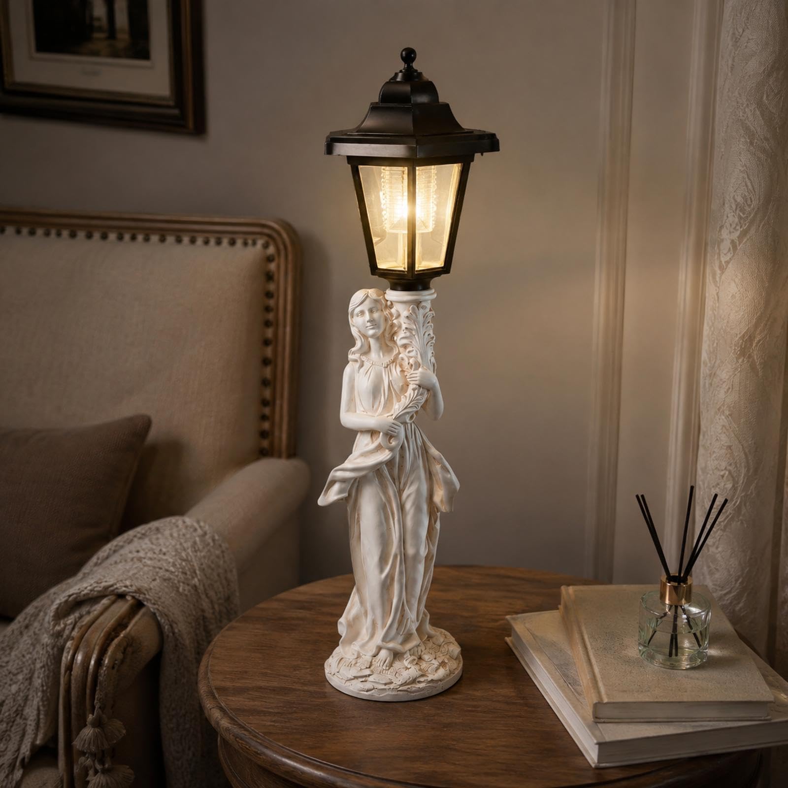Luz de estatua para porche con carga solar y linterna clásica, A