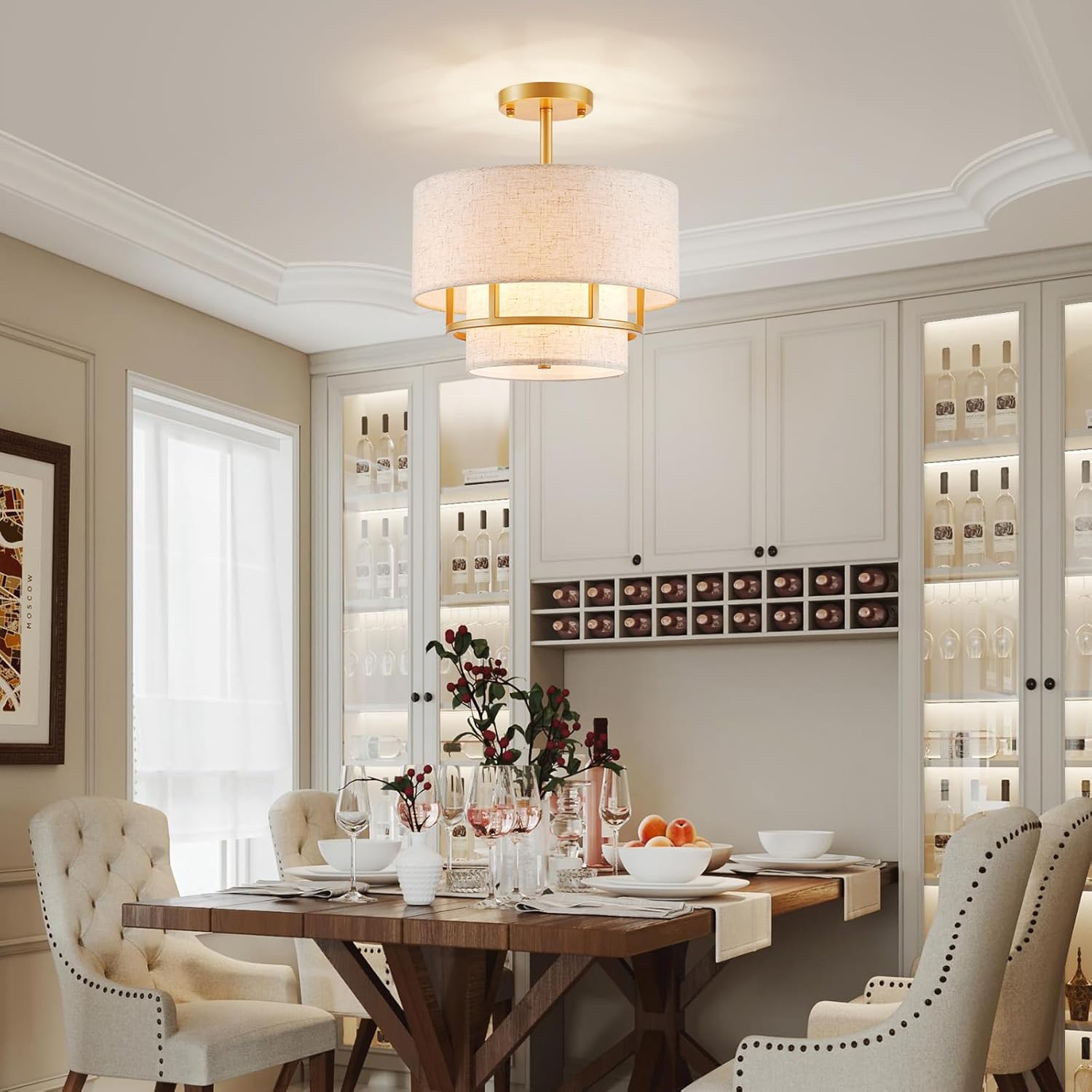 2-Layer Fabric Drum Ceiling Light, 3-Light Semi-Flushmount Light Fixture for Living Room, Bedroom, Hallway, D13×H14 inch, Gold Finish Frame & Linen Lampshade