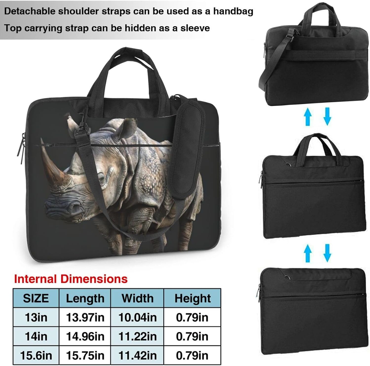 animal rhino Print Laptop Shoulder Bag Messenger Bag Notebook with Accessories Pocket 13/14/15.6 inch