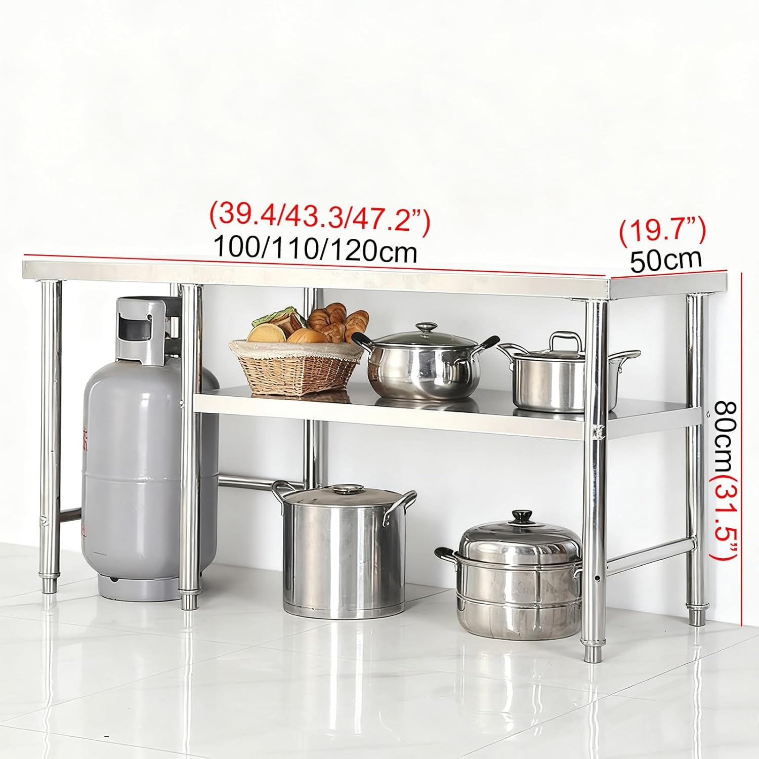 Multi-Functional Combination Chopping Workbench Double-Tier Storage Worktable Adjustable Lower Shelf Open Commercial Storage Rack Reinforced Stainless Steel Prep Table(100x50x80cm/39.4x19.7x31.5”)