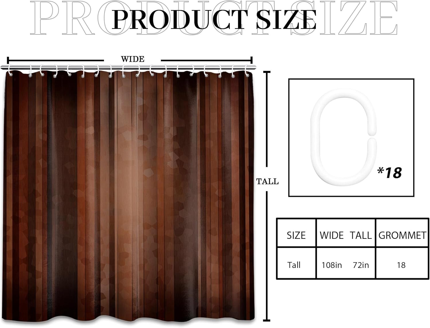 Dark Brown Striped Shower Curtain Black and Brown Bronze Ombre Shower Curtains for Rustic Bathroom Decor Set, Waterproof Cloth Fabric with Hooks, 108" W x 72" L
