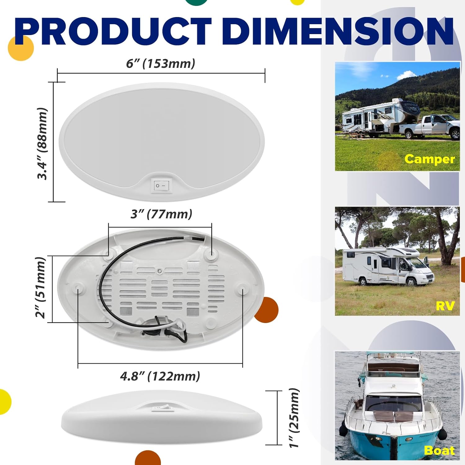 RV Lights Interior 6 Inch 12v Surface Mount LED Light Oval Ceiling Light with Switch 12 Volt Light Fixtures for RV Vintage Camper Trailer Boat Interior 4.5W 320lm 3500K Soft White Lighting, 4-Pack