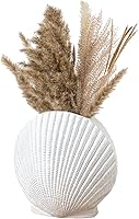 MyGift White Ceramic Shell Shaped Vase, 10 Inch Pampas Grass Holder, Modern Coastal Home Decor for Living Room Tabletop