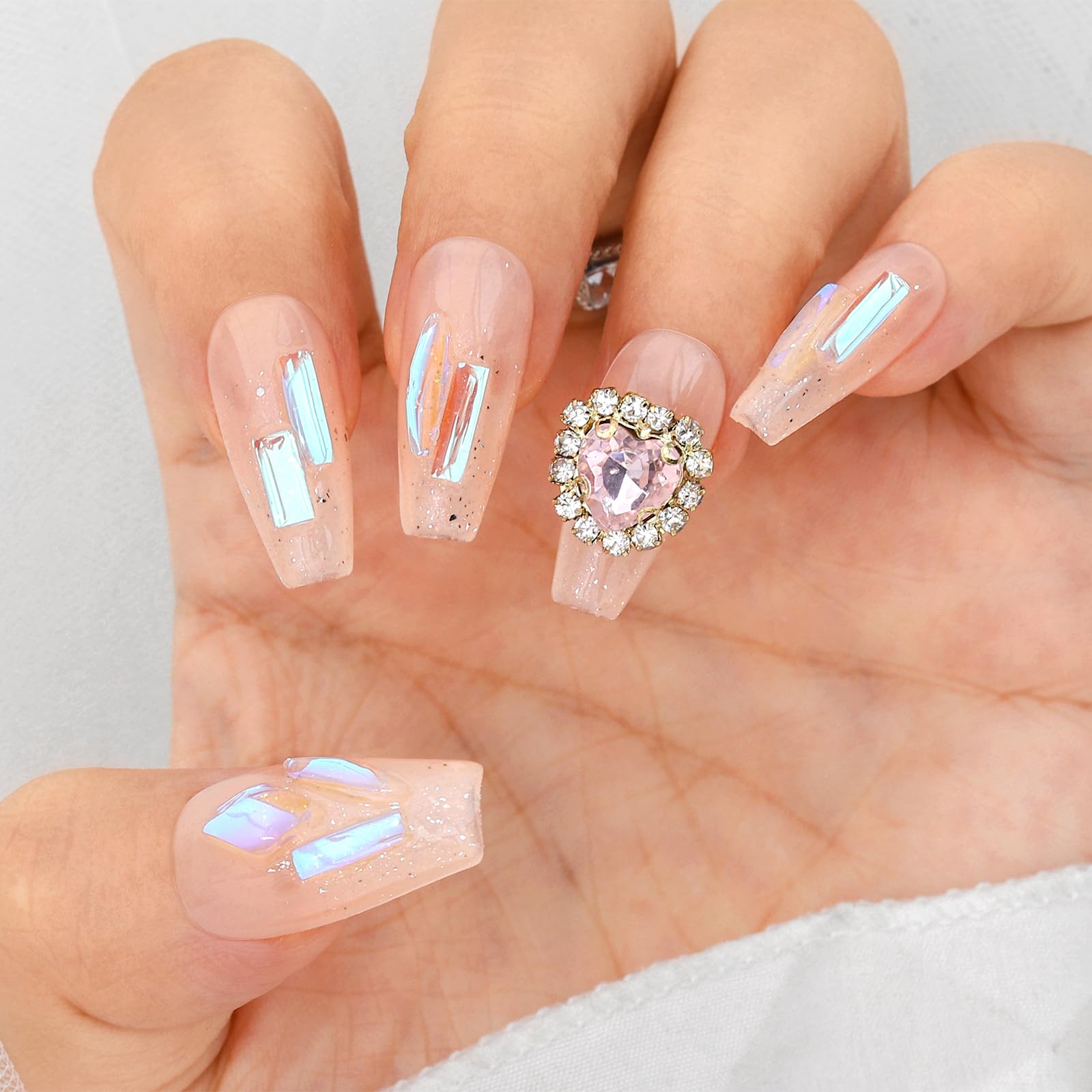 krystal fake nude Amazon | Sethexy 手作りネイルチップ ベリーロングコフィンチップ 立体レリーフ プレスオンネイル ラインストーン つけ爪 クリスタル  3D爪 ロング ヌードカラー 付け爪 無地フェイクネイル おしゃれ 大さい爪用 光沢 セルフネイル きれい 韓国ネイルアート 10枚入り 台形 ...