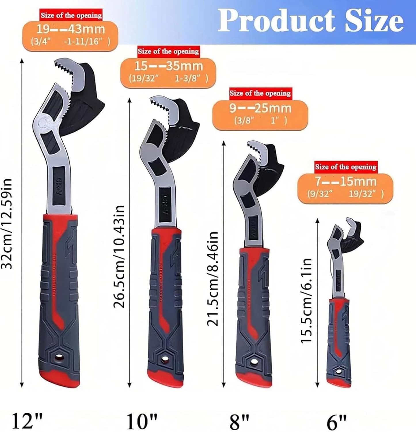 Self Adjusting Pipe Wrenc, Heavy Duty Pipe Wrench Set, 6" 8" 10" 12" Pipe Vise Wrench, Self Locking Universal Adjustable Pipe Wrench Grip Plumbing Wrench Set Widely Use on Pipe, Screw, Nut