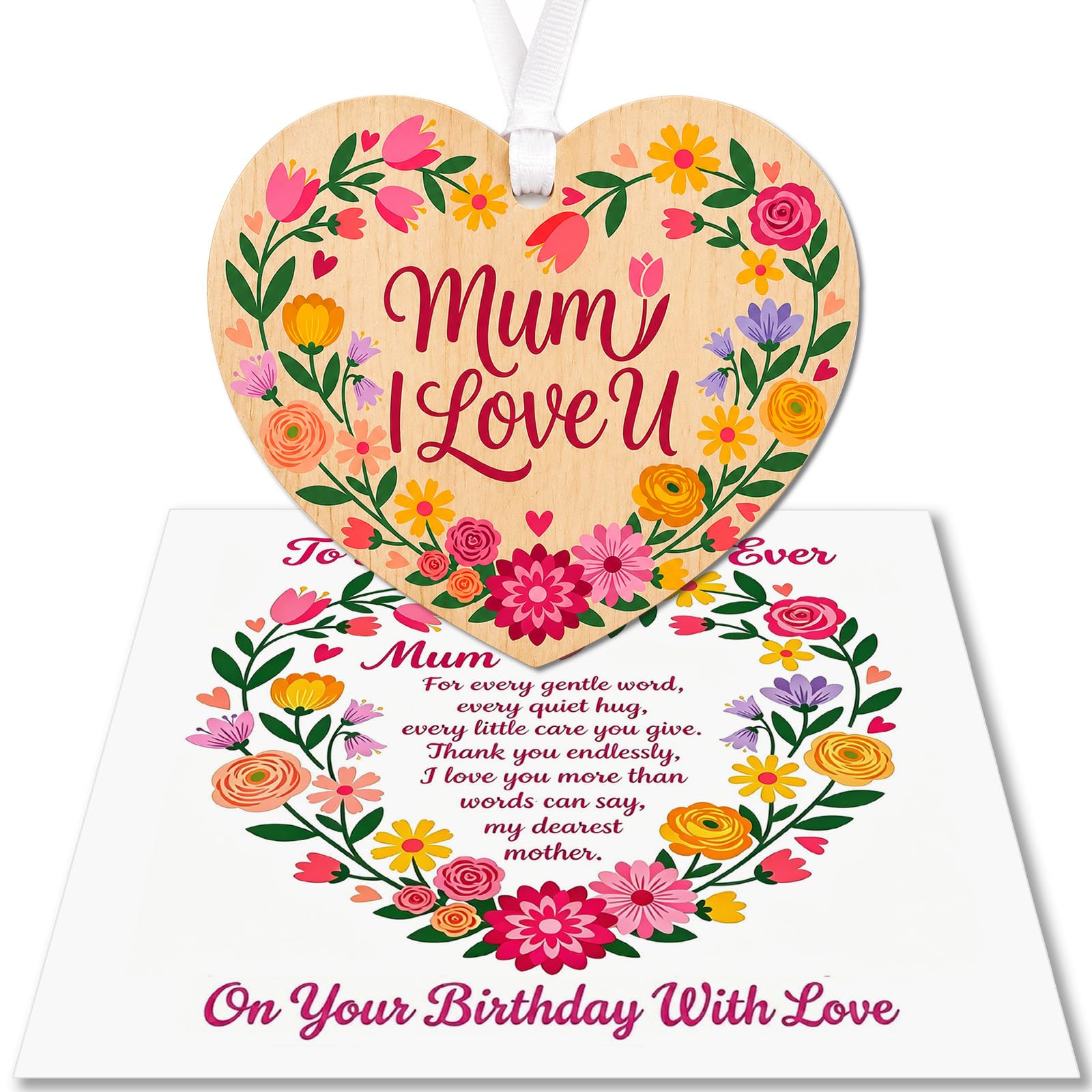 Mum Birthday Gift, Mums Birthday Card with Wooden Heart Plaque and Envelope, I Love You Keepsake Hanging Ornament, Birthday Gifts for Mother from Daughter Son