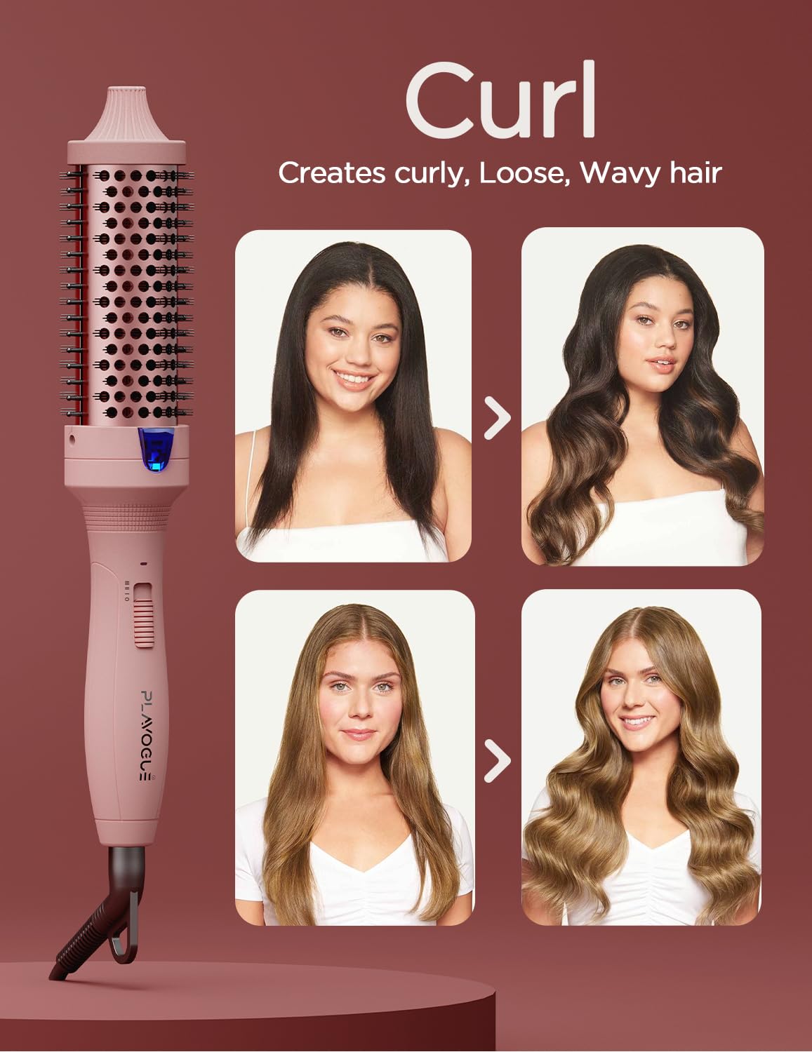 Thermal Brush, Plavogue 1.25 Inch 5-1 Curling Iron, 20s Quick Heated Round Brush & Volumizer, 3 Heating Setting Dual Voltage Ionic Blowout Brush with Travel Adapter, Gloves & Clips - Pink