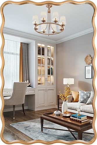Miniatura 8 de Espejo de baño redondo ondulado dorado de 28 pulgadas montado en la pared, grande, moderno, campo, adecuado para baño, dormitorio, sala de estar,