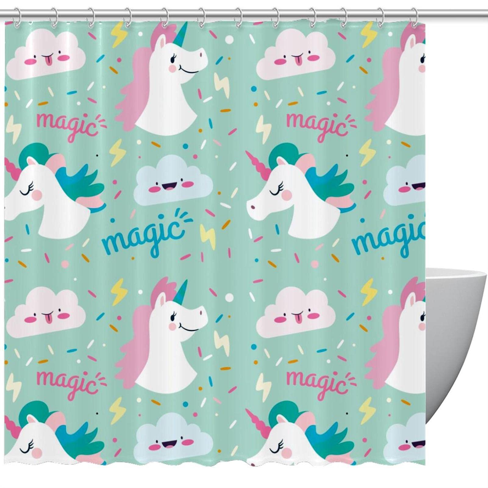 Rideau de douche en tissu anti-moisissure vert : fini l'eau au sol avec ce motif licorne