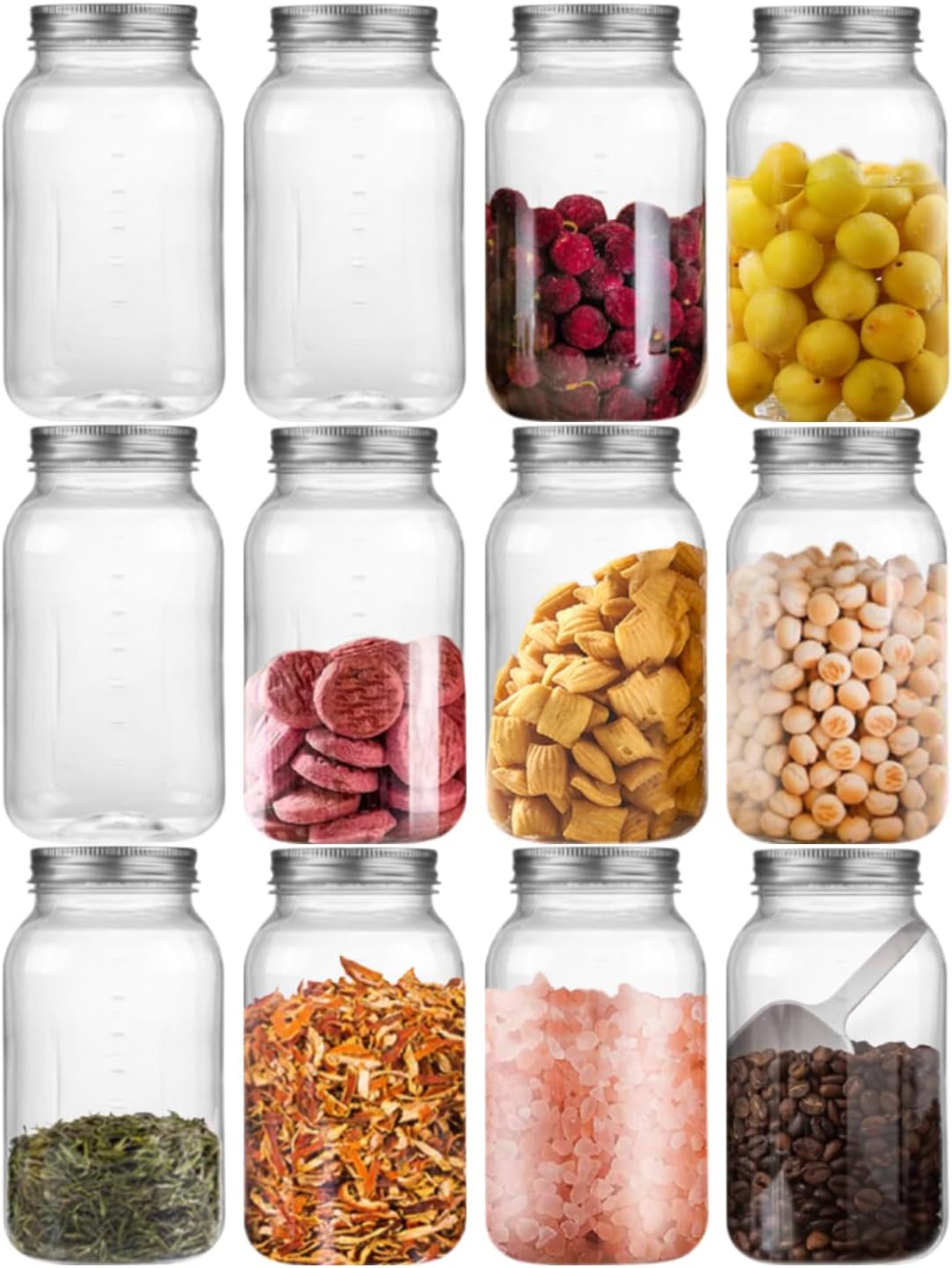 32 OZ Mason Jars Clear Plastic Storage Containers with Silver Screw-On Airtight Lids 12 Pack Plastic Jars Food Storage,BPA Free,Food Safe 12 Pack-Sliver