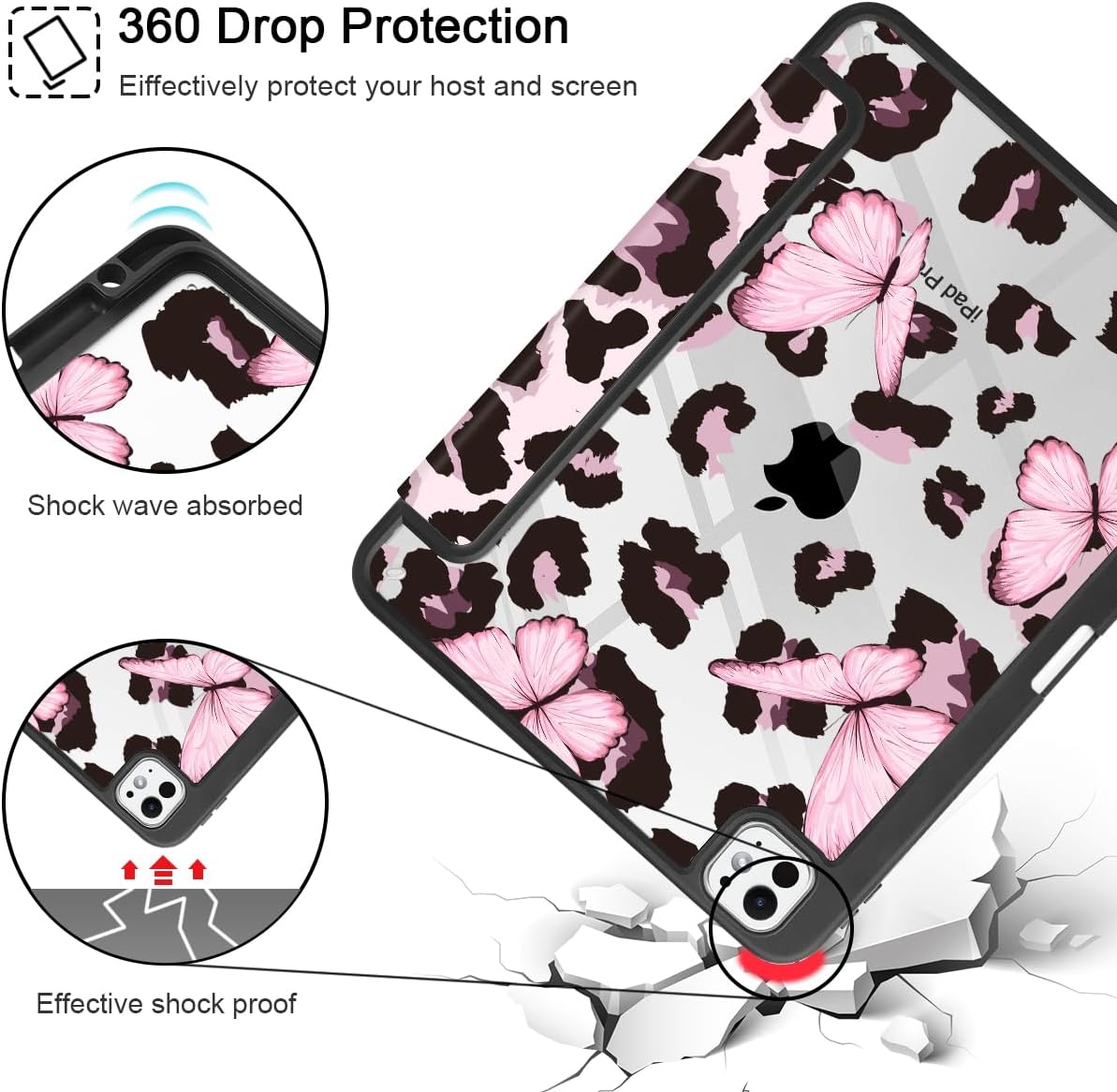 Mektron Case for M5/ M4 iPad Pro 11 inch 2025/2024 with Pencil Holder, Compatible Models: A3357/A3358/A3359/A2836/A2837/A3006, Shockproof Cover Clear Shell, Leopard Pink Butterfly