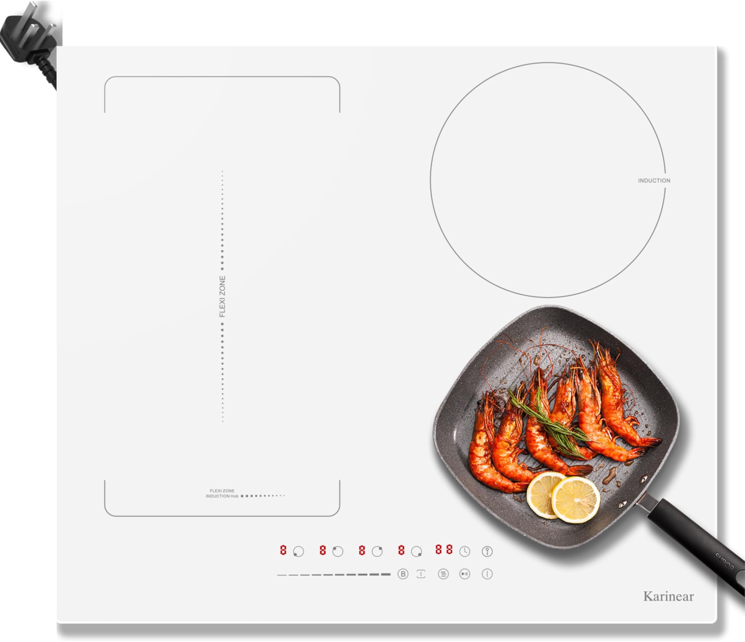 Karinear White Induction Hob, 4 Zone Built in Induction Hob 60cm with Flex Zone 2800W with Timer Auto Switch Off Safety Lock Boost with Plug