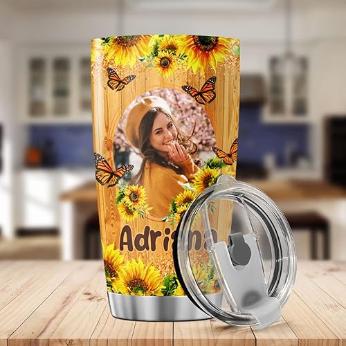 Miniatura 3 de Vaso de café personalizado con diseño de girasol, taza de viaje con tapa, foto personalizada, regalos de cumpleaños para mujeres, abuelas, niñas,