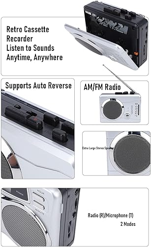 Miniatura 7 de Zunate Grabadora de casete portátil con radio AM FM, altavoz y micrófono integrados, conector para auriculares, inversa automática de cinta,