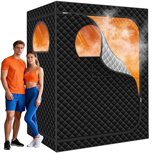 Home Sauna Portable, Upgraded Extra Large 2 Person Sauna Box with 2x3L 1300w Steamer, 2 Big Folding Chair, 9 Levels Heat, Timer,Remote Control - Steam Sauna Room Tent for Home Spa 71”x 49”x 35”, Black