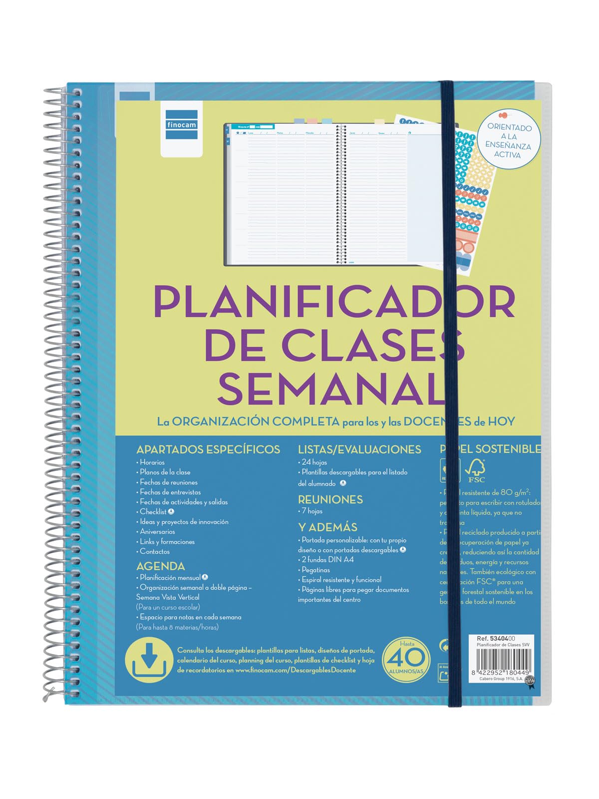 Finocam - Planificador de Clases Semanal | Organiza Hasta 8 Horas | Anualidad sin Fecha | con Pegatinas y 2 Fundas Transparentes | Espiral Metálica | Portada Personalizable, 230x310mm Grande | Español