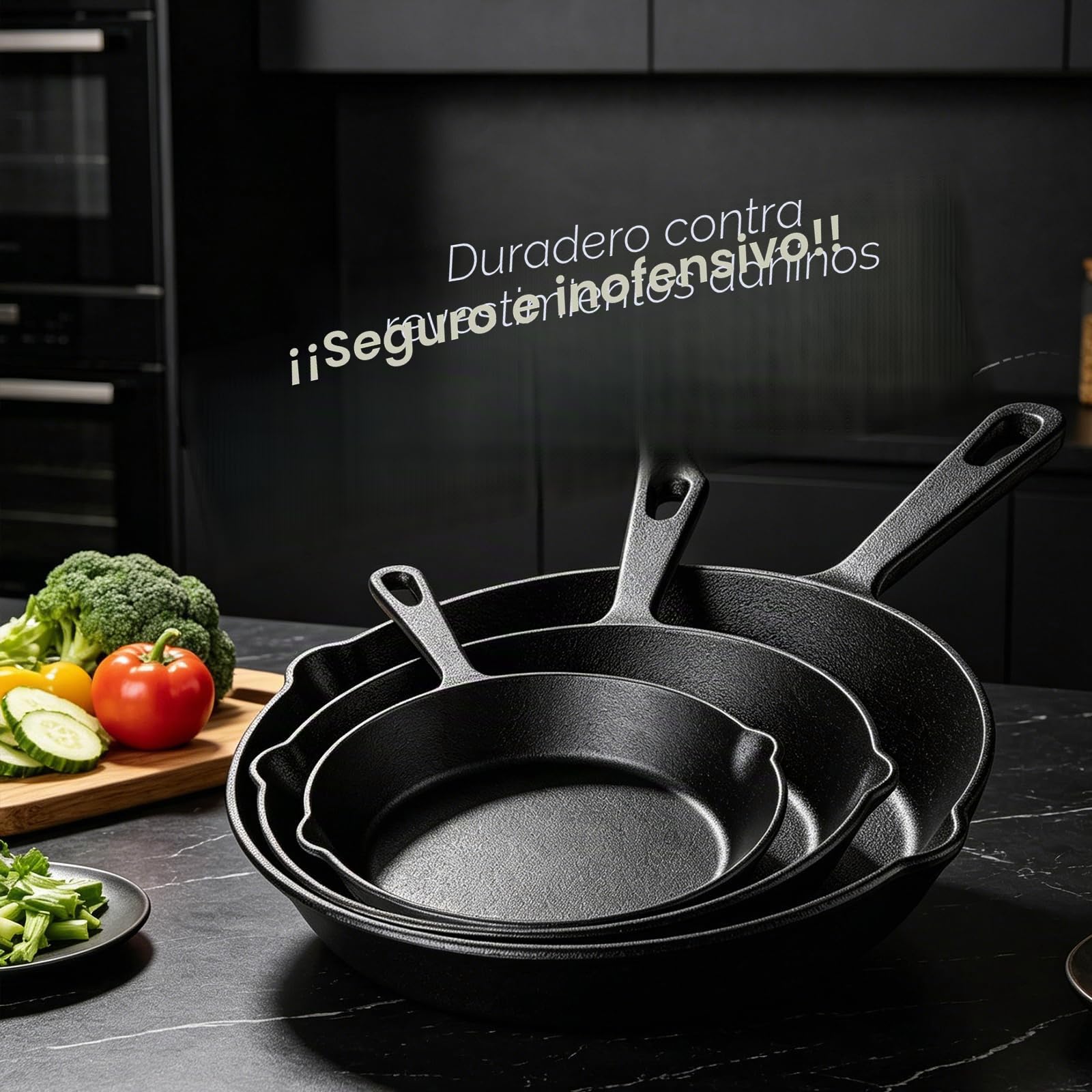 Juego de 3 sartenes de hierro fundido aptas para cocinas de gas, eléctricas y de inducción. Incluye: pequeña (6 pulgadas), mediana (8 pulgadas) y grande (10 pulgadas)