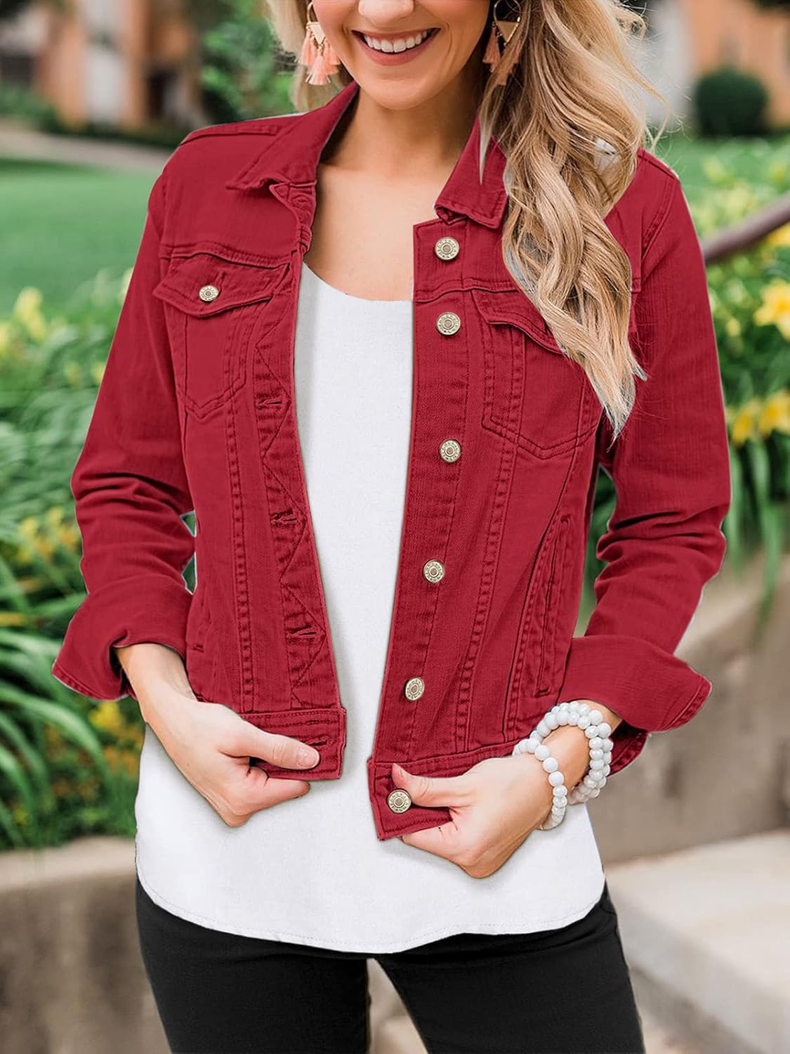 luvamia Women's Basic Button Down Stretch Fitted Long Sleeves Denim Jean Jacket - Image 6