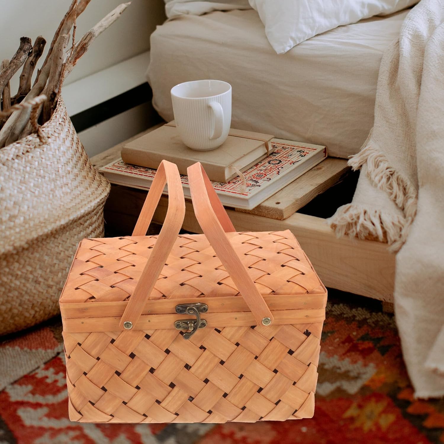 Ciieeo Vintage Wood Woven Fruit and Vegetable Basket with Lid, 32x22x18cm Handcrafted Picnic Storage Basket for Outdoor and Home Organization