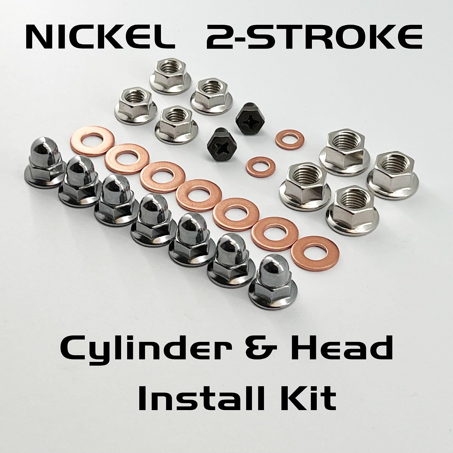 NICKEL TWO 2 STROKE TOP END MOTORCYCLE ENGINE CYLINDER HEAD ACORN CAP FLANGE NUTS BOLT KIT COMPATABLE WITH HONDA CR KAWASAKI KX YAMAHA YZ SUZUKI RM TRX250R ATC250R LT250R LT500R 85 125 250