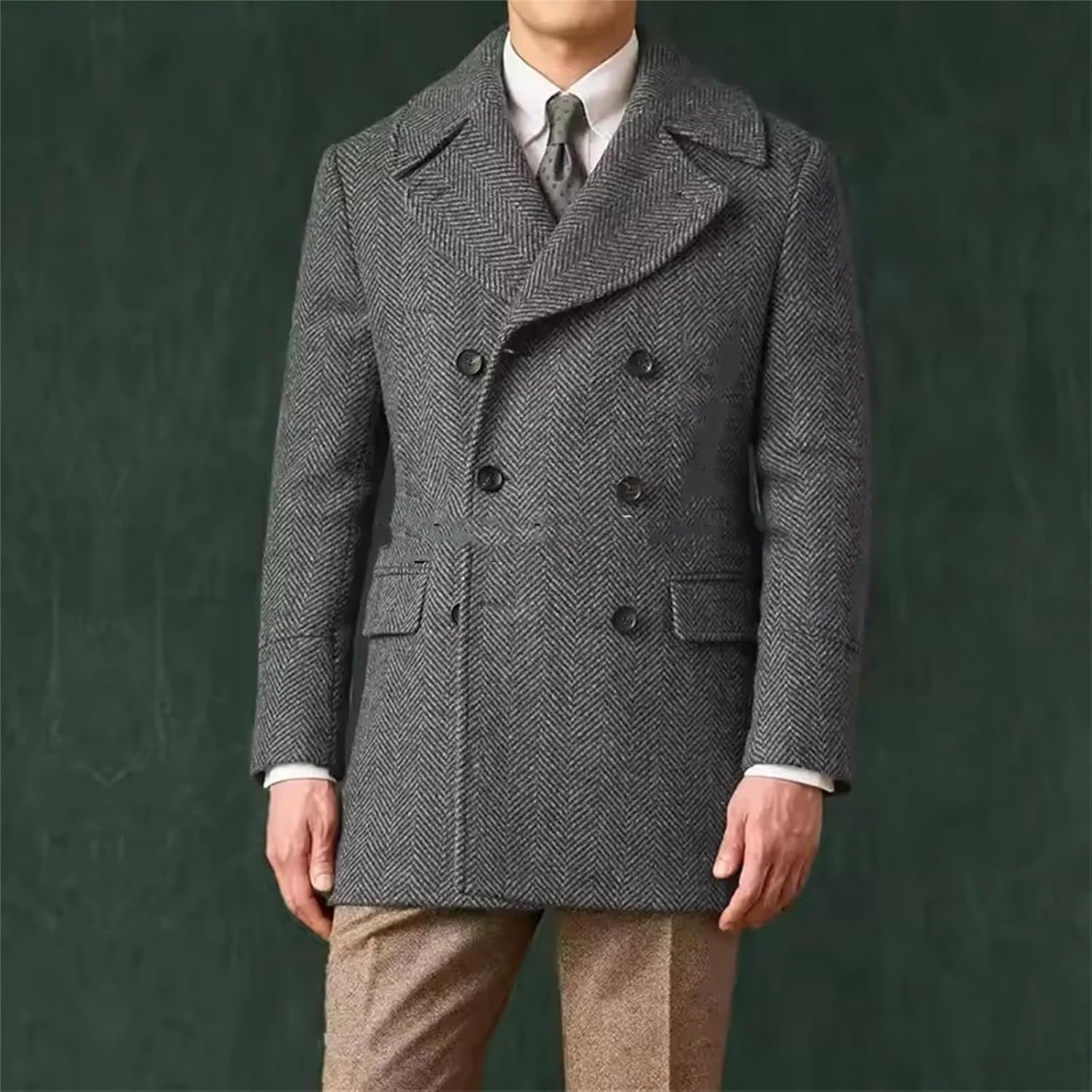 Men's Herringbone Jacket Woolen Long sleeves Elegant Suit Blazers Double Breasted Classic Style Coats