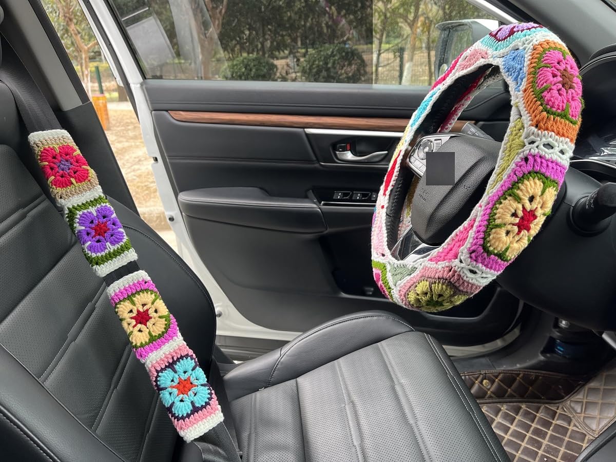 Crochet Galsang Flower Car Steering Wheel Covers,Car Interior Accessories Decorations (B,Steering Wheel Cover+2 Belt Cover) - Image 8