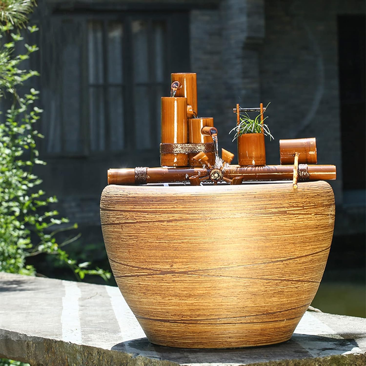 100% Handmade Bamboo Water Fountain with Pump Outdoor Feature Pond Decor Spout,Creativity,60cm/23.6in