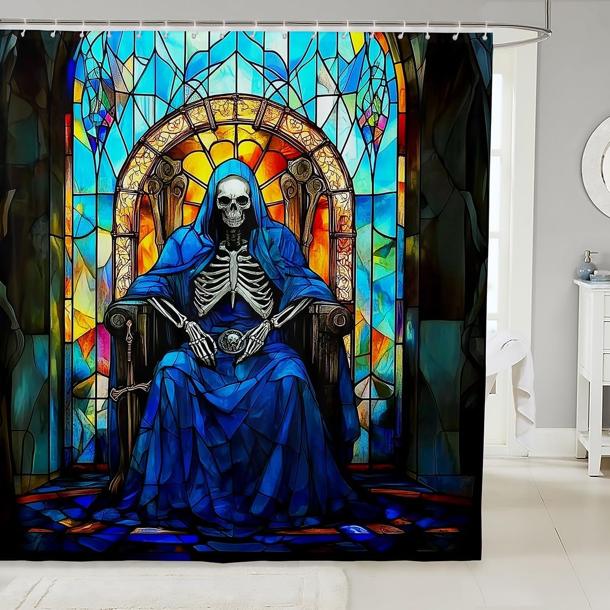 Manfei Gothic Skull Kids Shower Curtains,Human Skeleton Western Halloween Gothic Trippy Bathroom Curtain for Girls Boys,Geometric Vintage Blue Noble Waterproof Curtains,12 Hooks Suits,72" W x 84" L