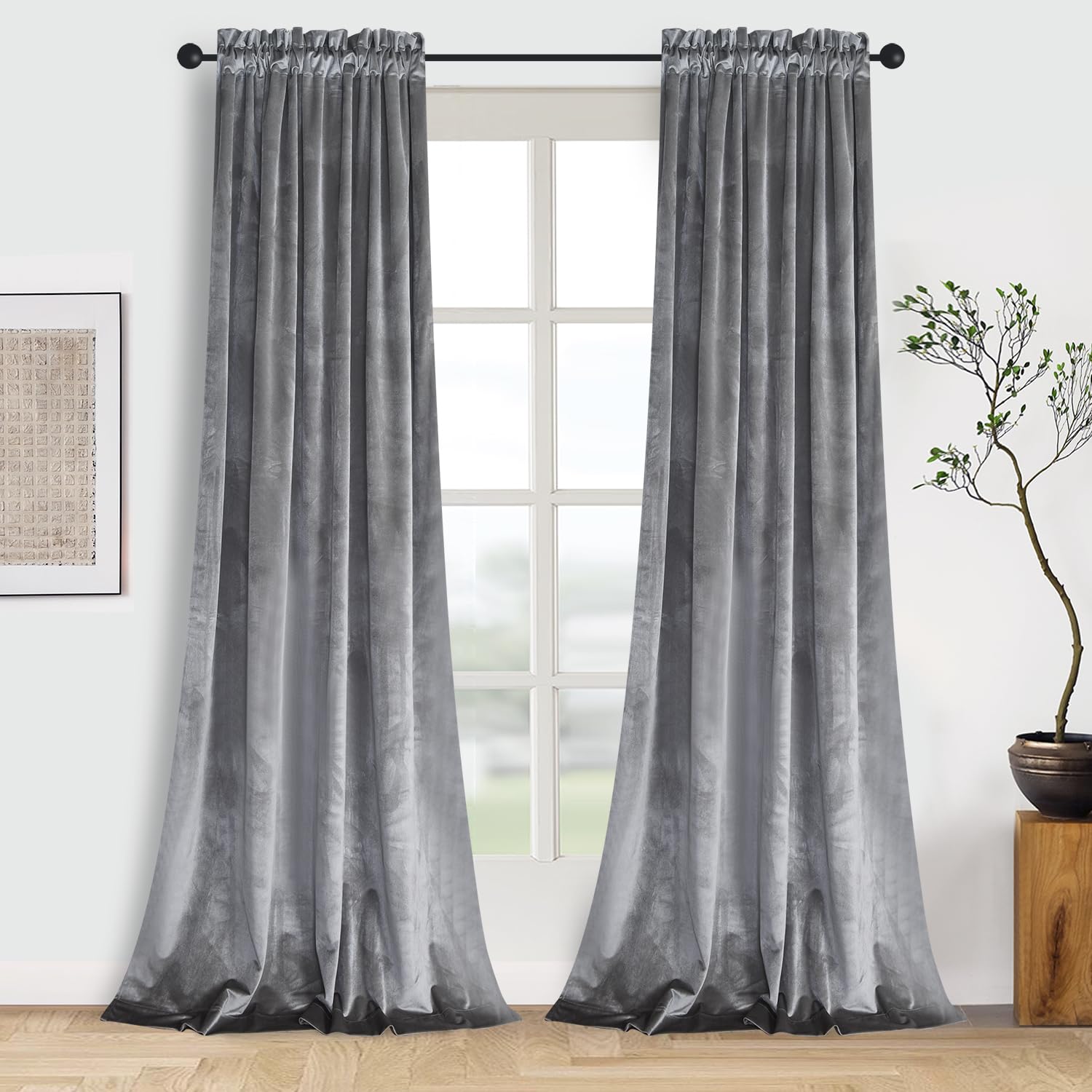 Roslynwood Home Living Room Black Silver Velvet Curtains - Sound Reducing Heavy Solid Rod Pocket Drapes/ 52Wx96L Silver, 2 Panels