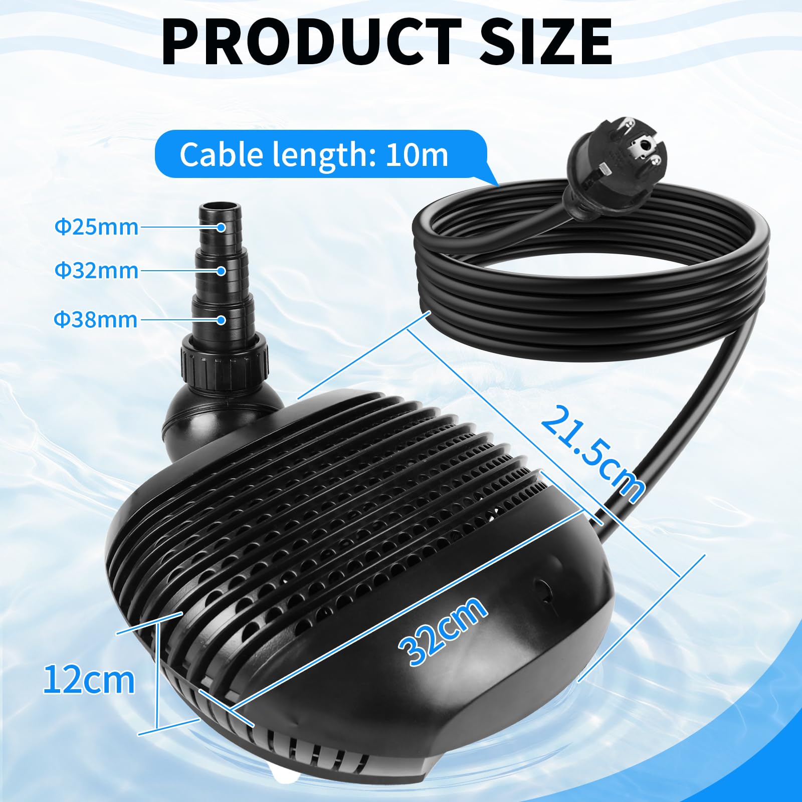DBREAKS Bomba de Estanque Exterior 155W 10000L/H, Bomba para Fuente, Bomba Agua de Jardín de Sumergibles con 10M Cable, Bomba de Arroyo de Filtro, para Cursos de Agua,