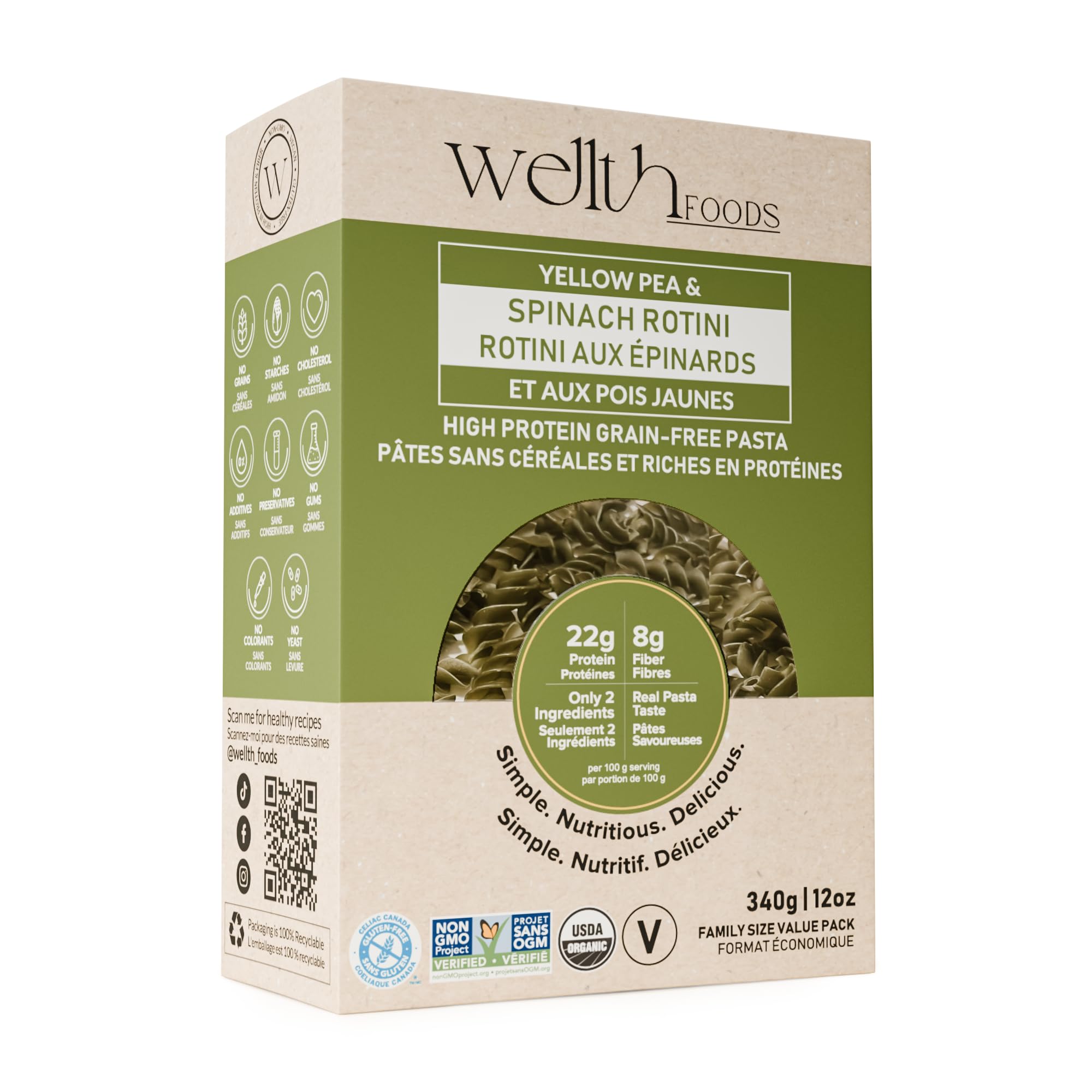 Wellth Foods Spinach Rotini Pasta, High Protein Grain Free Pasta, Gluten Free Yellow Pea & Spinach...