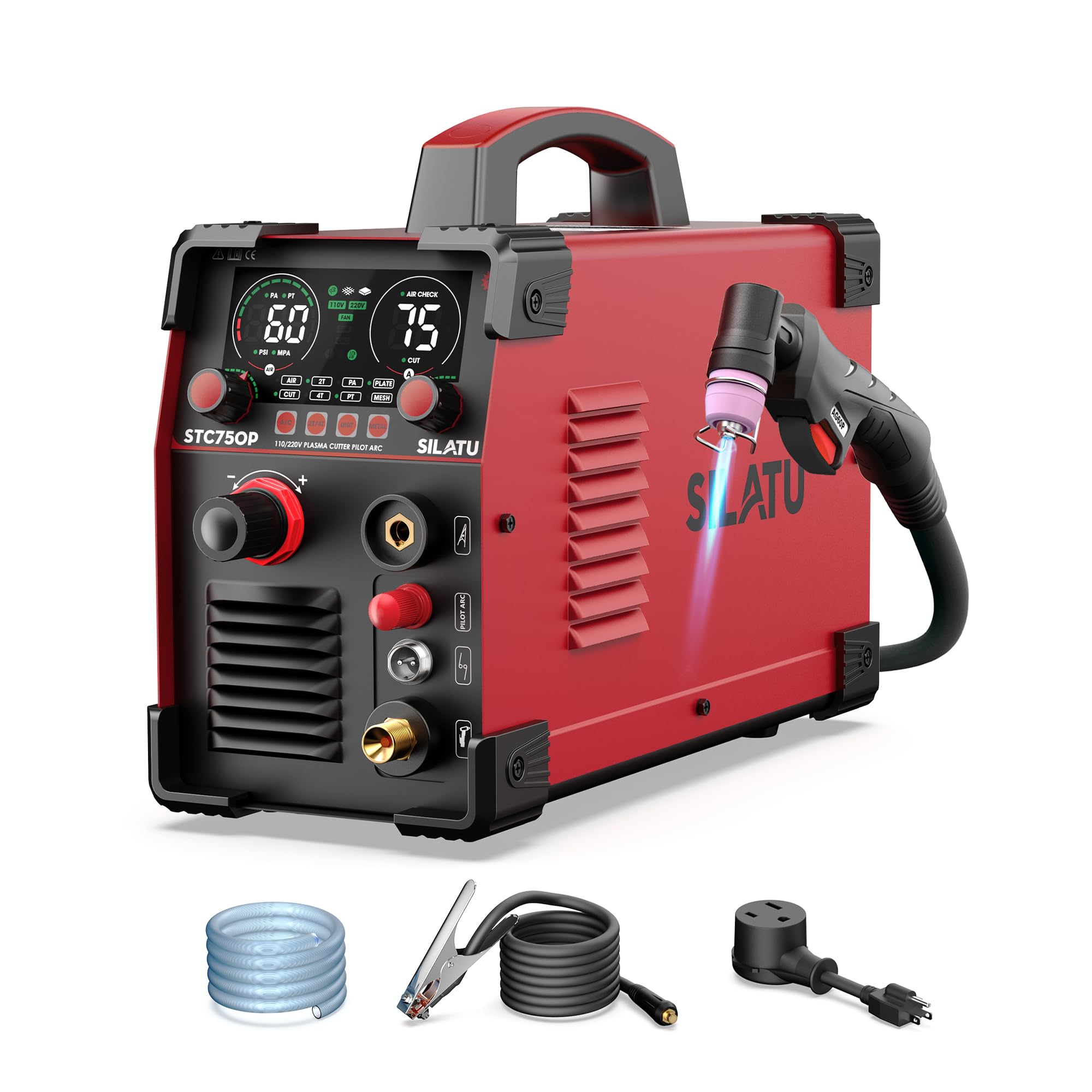SILATU 75Amps Plasma Cutter, HF Non-Touch Pilot Arc Plasma Cutter Machine, 110/220V Dual Voltage Large LED Display Air Sensor Technology, 5/8'' Clean