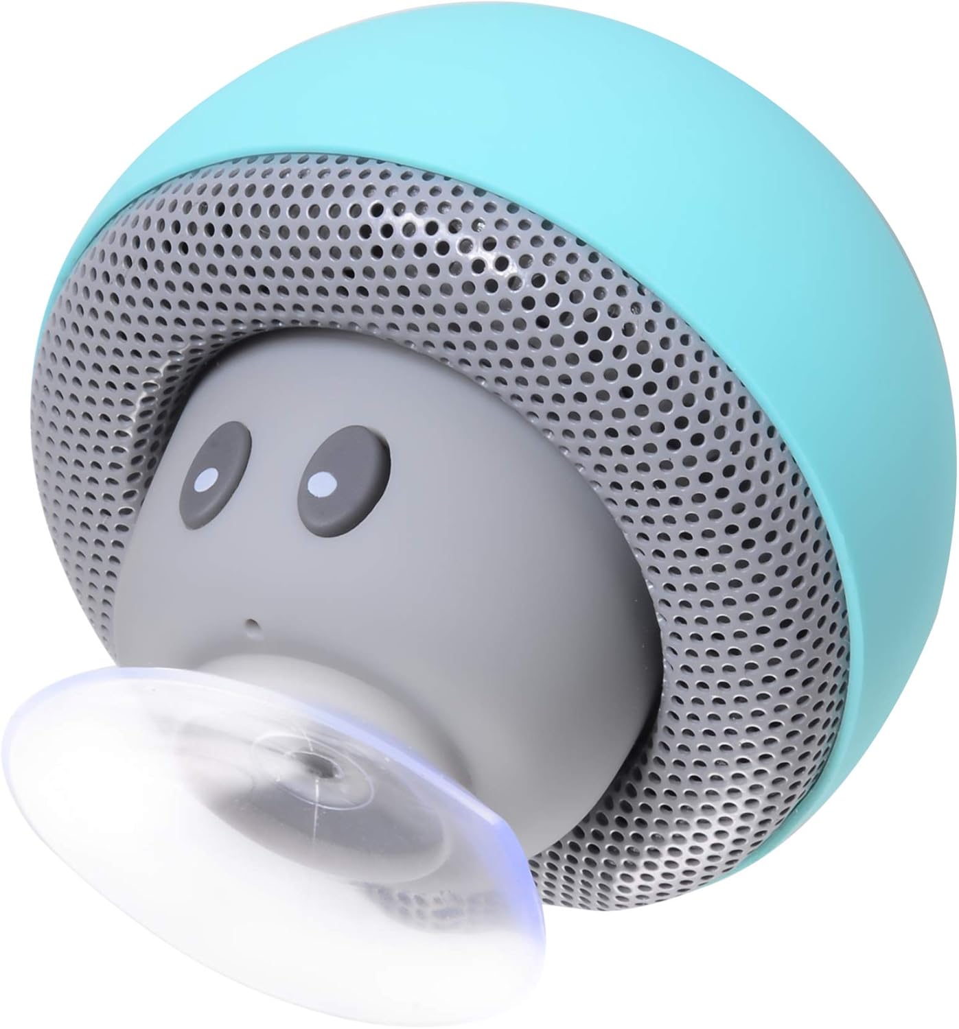 Angled view of the MOBO Honguito Portable Bluetooth Speaker, clearly showing the transparent suction cup on its base.