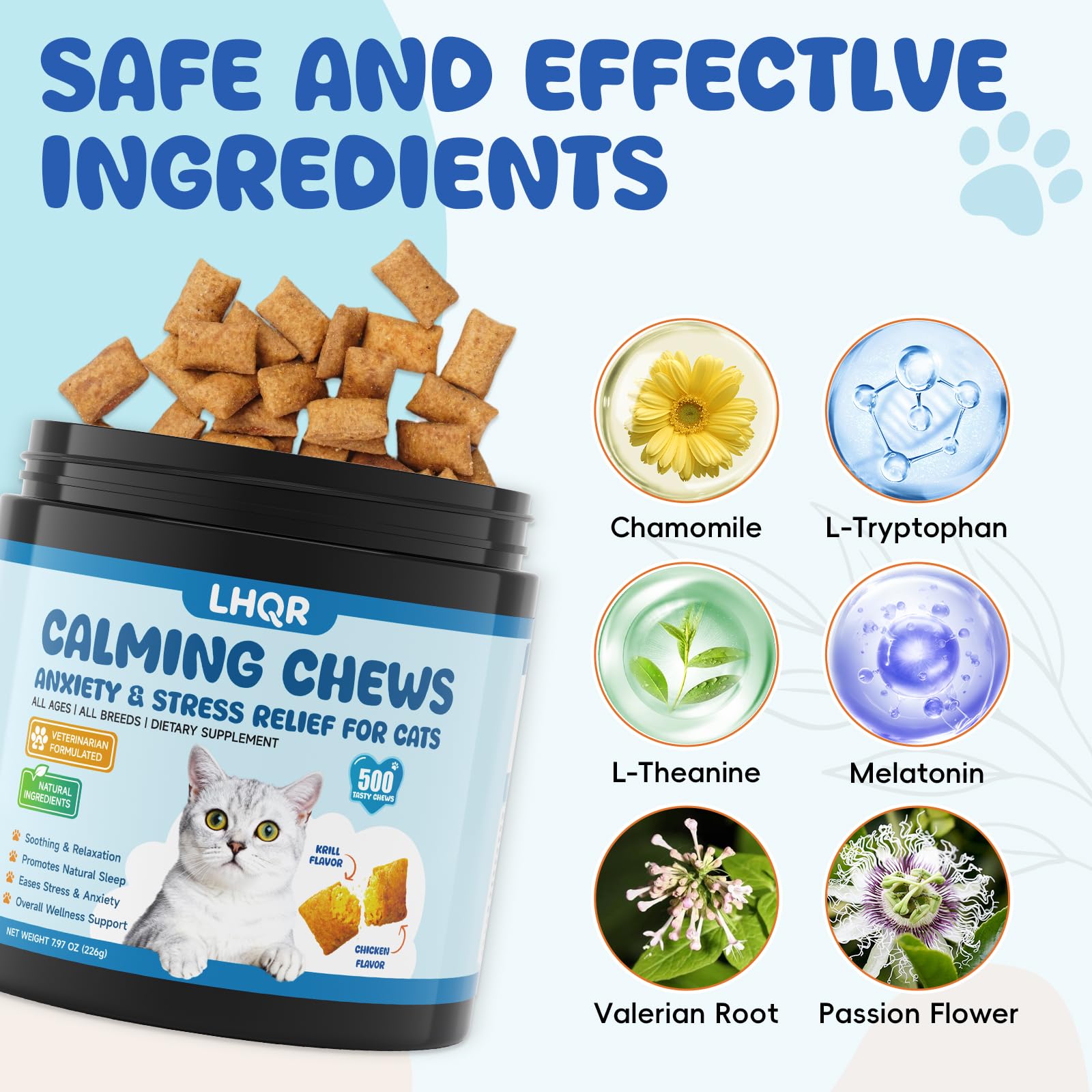 500 Calming Chews for Cats, Helps Reduce Stress with Melatonin, Relaxation for Travel, Boarding,Separation, Grooming Anxiety -with Ashwagandha, Organic Chamomile, L-Theanine & L-Tryptophan Chicken - image 3